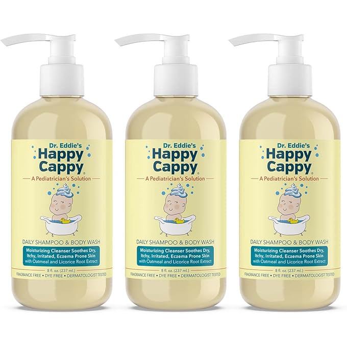 هابي كوبي شامبو وغسول الجسم Happy Cappy للأطفال - غسول جسم للأكزيما للأطفال والأطفال الصغار والبالغين، يساعد في الجفاف، يقلل الحكة والاحمرار، اختبر من قبل أطباء الجلدية، خال من العطور - 8 أونصات سائلة (عبوة من 3 أنصات) - Image 1